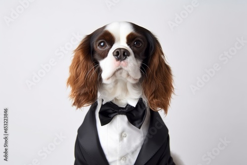 Medium shot portrait photography of a smiling cavalier king charles spaniel dog wearing a dapper suit against a pearl white background. With generative AI technology © Markus Schröder