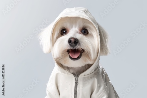 Photography in the style of pensive portraiture of a smiling havanese dog wearing a raincoat against a pearl white background. With generative AI technology photo