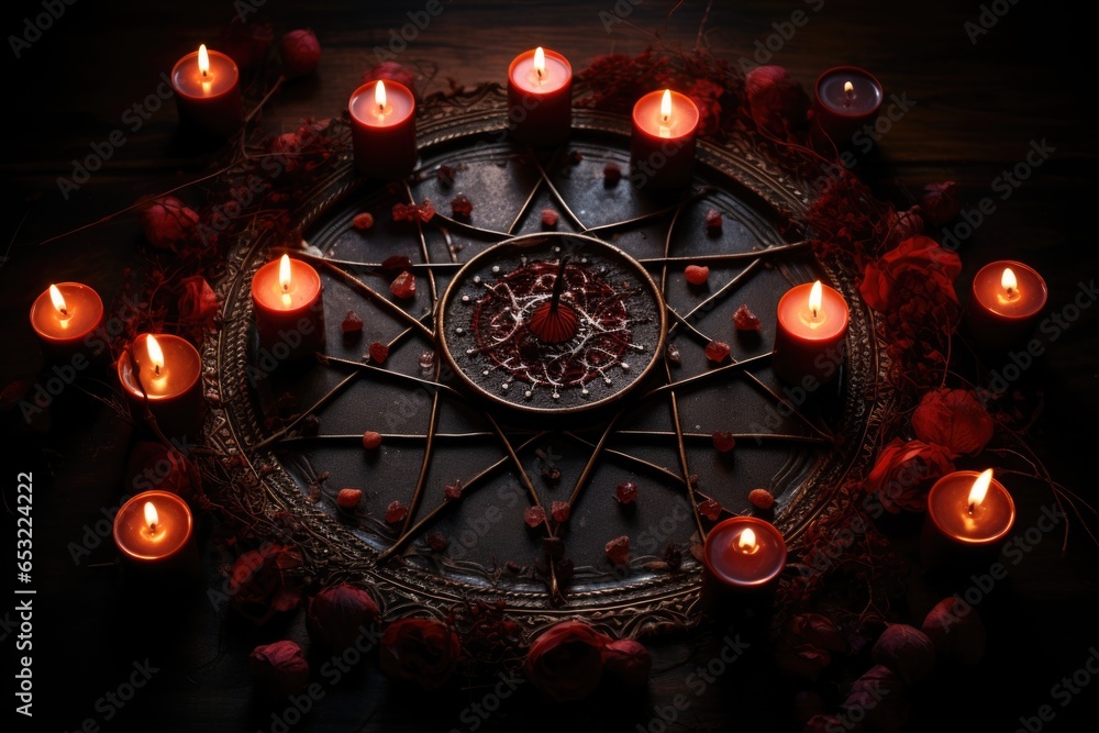 witchs pentagram with candles around - obrazy, fototapety, plakaty 