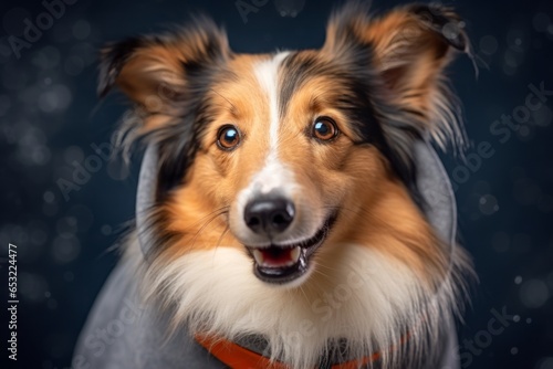 Lifestyle portrait photography of a funny shetland sheepdog wearing a jumper against a metallic silver background. With generative AI technology
