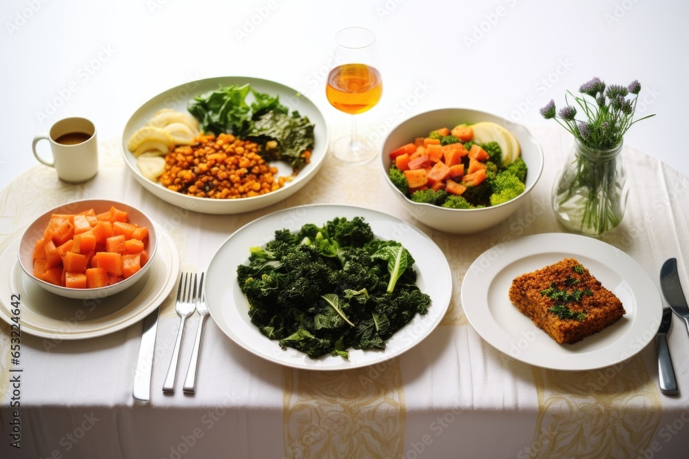 three course vegan meal spread on white table cloth three course vegan meal spread on white table cloth