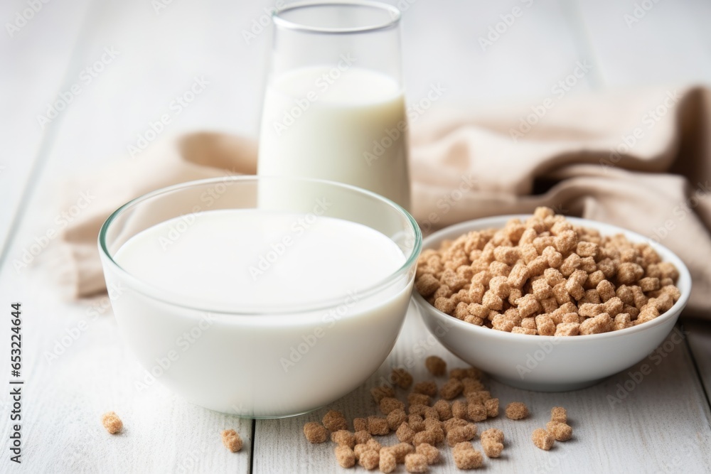 low sugar breakfast cereal in white bowl with soy milk low sugar breakfast cereal in white bowl with soy milk