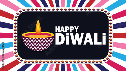 Happy Diwali festival. Holiday concept. Template for background, banner, card, poster with text inscription. Vector illustration.