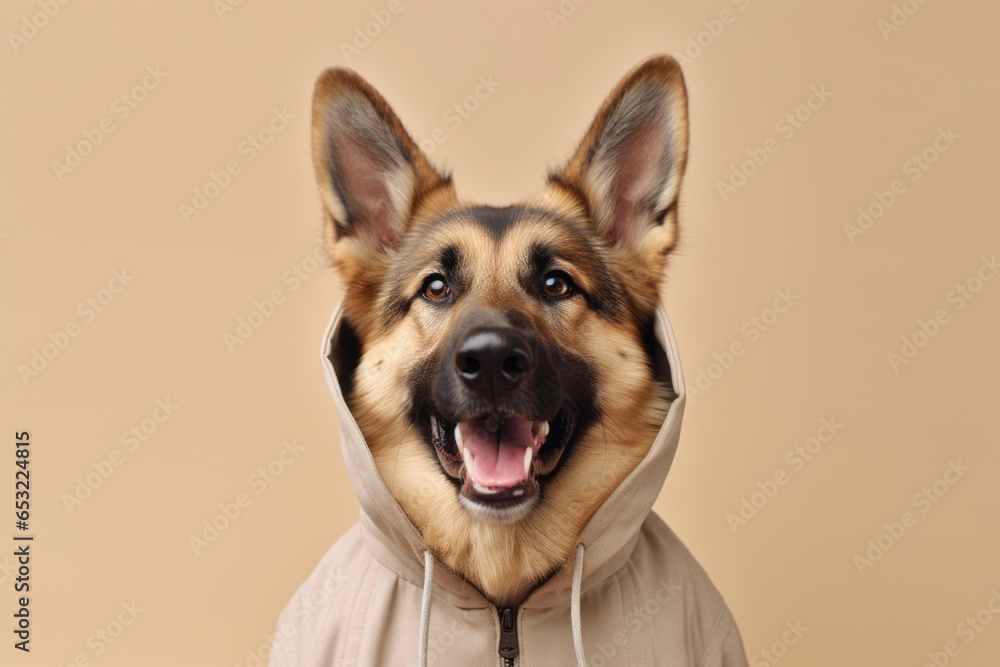 Group portrait photography of a happy german shepherd wearing a fluffy hoodie against a beige background. With generative AI technology