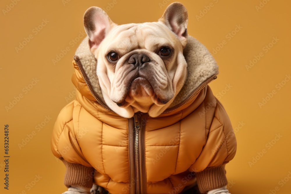 Environmental portrait photography of a funny bulldog wearing a puffer jacket against a beige background. With generative AI technology