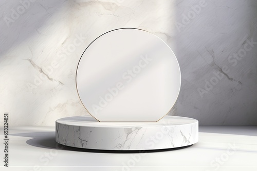 Sleek marble platform for showcasing cosmetics, emphasizing design and elegance. Ideal for health and beauty presentations.