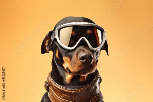 Medium shot portrait photography of a funny doberman pinscher wearing a ski suit against a beige background. With generative AI technology