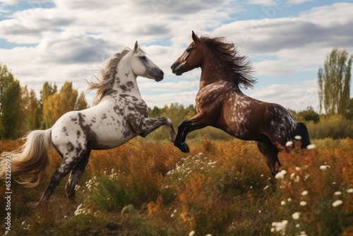 two horses in a field, rearing up at each other © Alfazet Chronicles