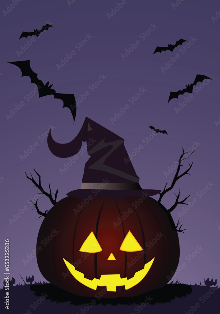 Halloween night, pumpkins, dark atmosphere, vector illustration
