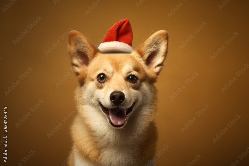 Lifestyle portrait photography of a happy norwegian lundehund wearing a christmas hat against a beige background. With generative AI technology
