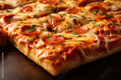 Sicilian pizza: Thick, square crust, tangy tomato sauce, a blend of melted cheeses, succulent shrimp, and a hint of spicy chili flakes.