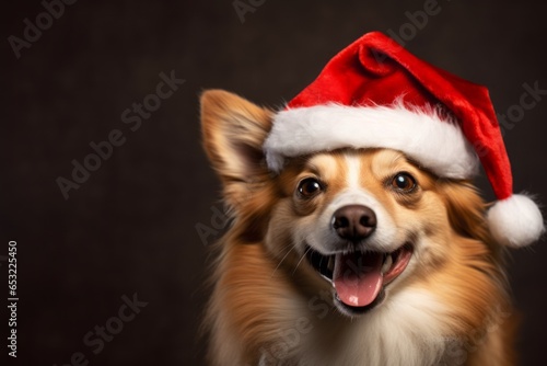 Lifestyle portrait photography of a happy norwegian lundehund wearing a christmas hat against a beige background. With generative AI technology