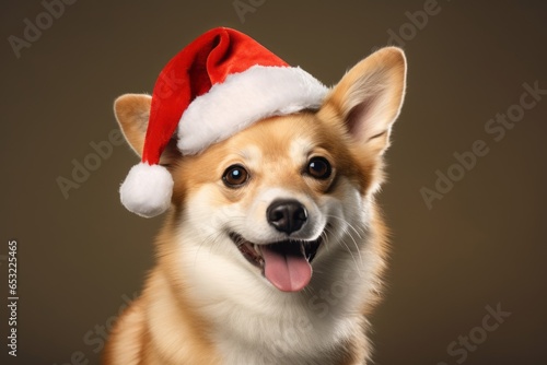 Lifestyle portrait photography of a happy norwegian lundehund wearing a christmas hat against a beige background. With generative AI technology © Markus Schröder