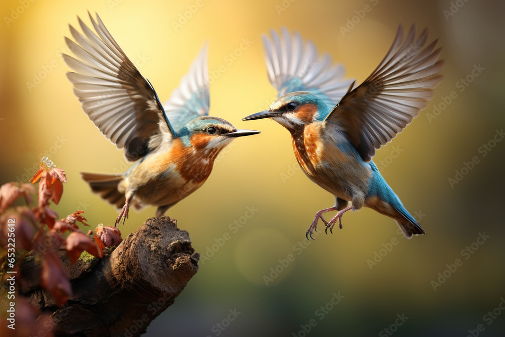 Fototapeta premium two birds are flapping their wings and contacting each other