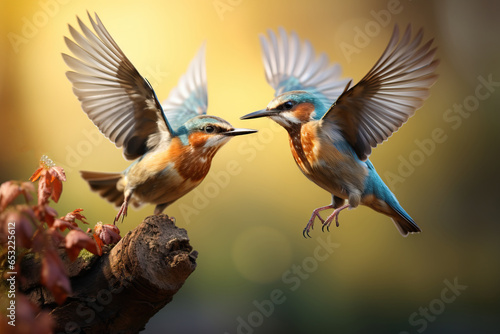 two birds are flapping their wings and contacting each other
