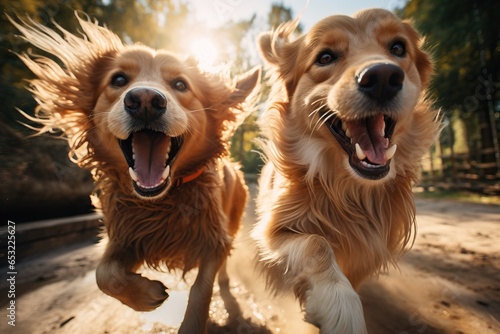 two dogs running happily, close-up with autumn atmosphere