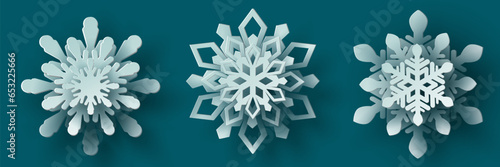 Vector set white christmas paper cut 3d snowflake with shadow on teal colored background. Winter design elements for presentation, banner, cover, web, flyer, card, sale, poster, slide and social media
