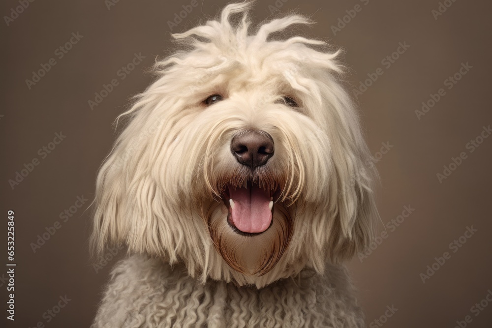 Headshot portrait photography of a smiling komondor dog wearing a sailor suit against a warm taupe background. With generative AI technology