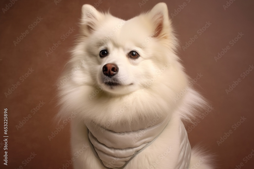 Photography in the style of pensive portraiture of a funny american eskimo dog wearing a paw protector against a warm taupe background. With generative AI technology