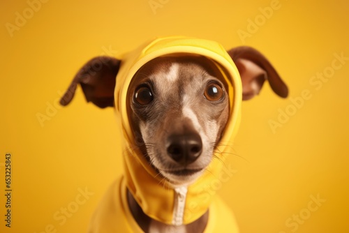 Close-up portrait photography of a smiling italian greyhound dog wearing a bee costume against a warm taupe background. With generative AI technology