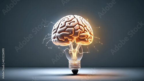 Human brain and electric lightbulb. 3D illustration. 3D rendering.,generative AI