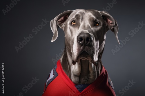 Headshot portrait photography of a happy great dane wearing a sports jersey against a cool gray background. With generative AI technology