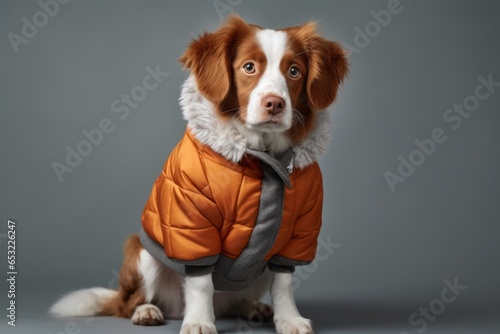 Group portrait photography of a cute brittany dog wearing a puffer jacket against a cool gray background. With generative AI technology