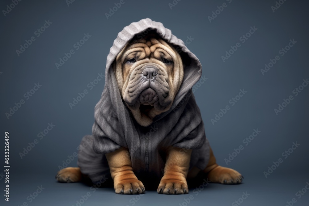 Medium shot portrait photography of a bored chinese shar pei dog wearing a halloween costume against a cool gray background. With generative AI technology
