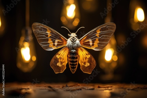 a moth spreads wings against a lightbulb photo