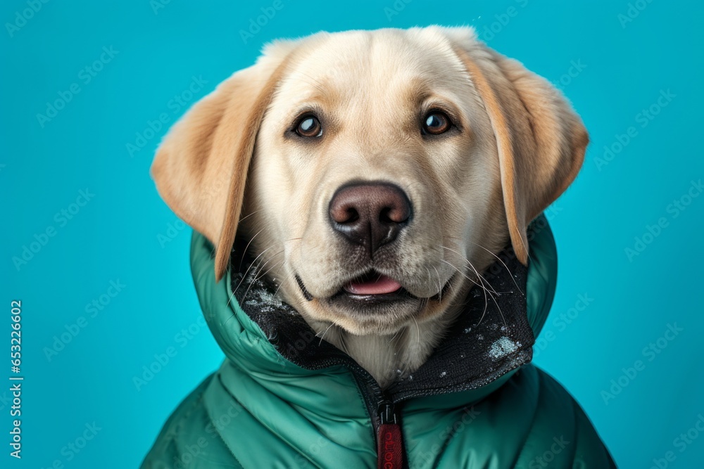 Close-up portrait photography of a happy labrador retriever wearing a puffer jacket against a tropical teal background. With generative AI technology