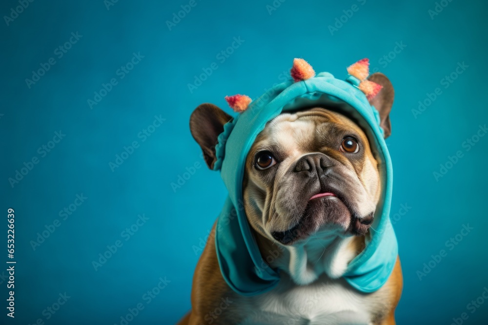 Photography in the style of pensive portraiture of a smiling bulldog wearing a halloween costume against a tropical teal background. With generative AI technology