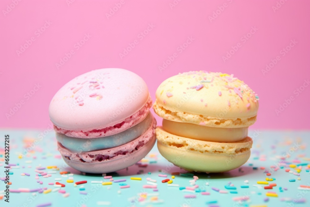 two colorful macaroons separated by space on pastel backdrop two colorful macaroons separated by space on pastel backdrop