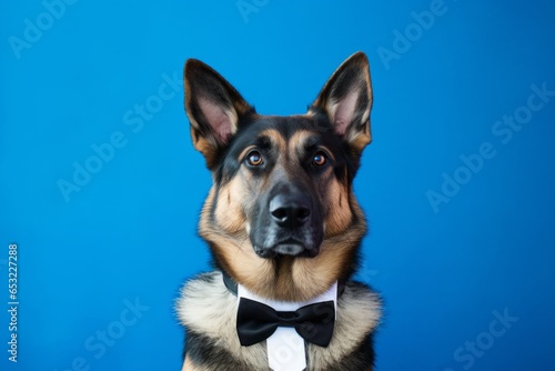 Photography in the style of pensive portraiture of a cute german shepherd wearing a tuxedo against a sapphire blue background. With generative AI technology