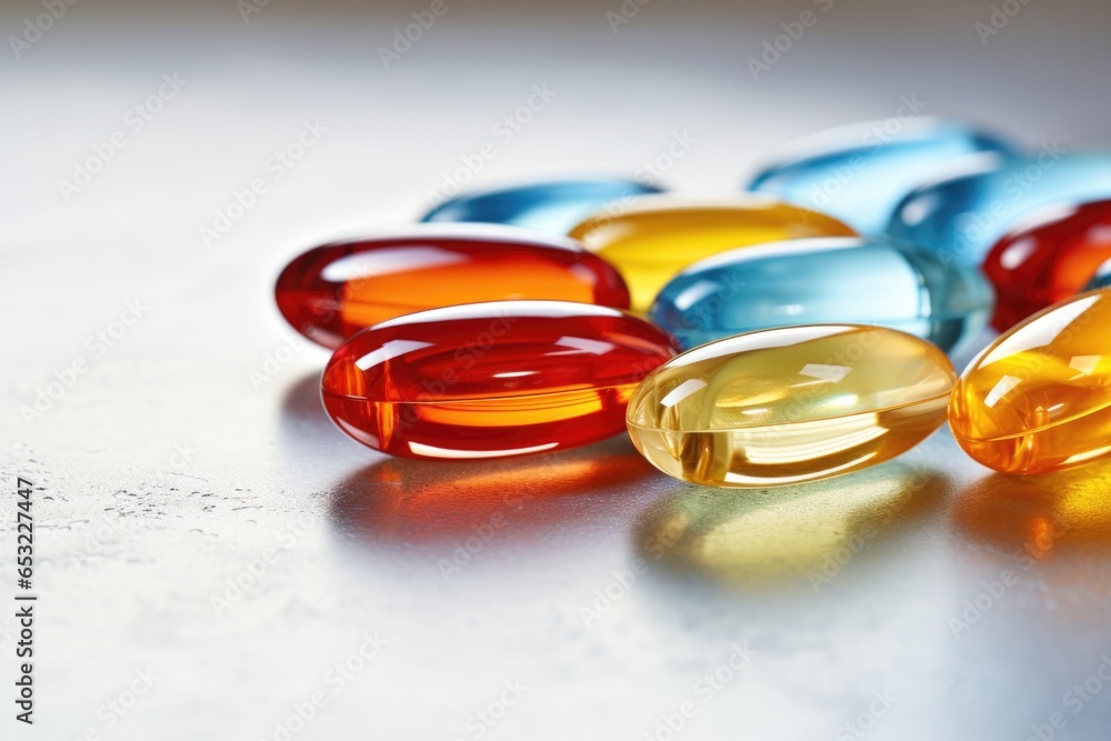 an assortment of gel capsules on a plain surface an assortment of gel capsules on a plain surface