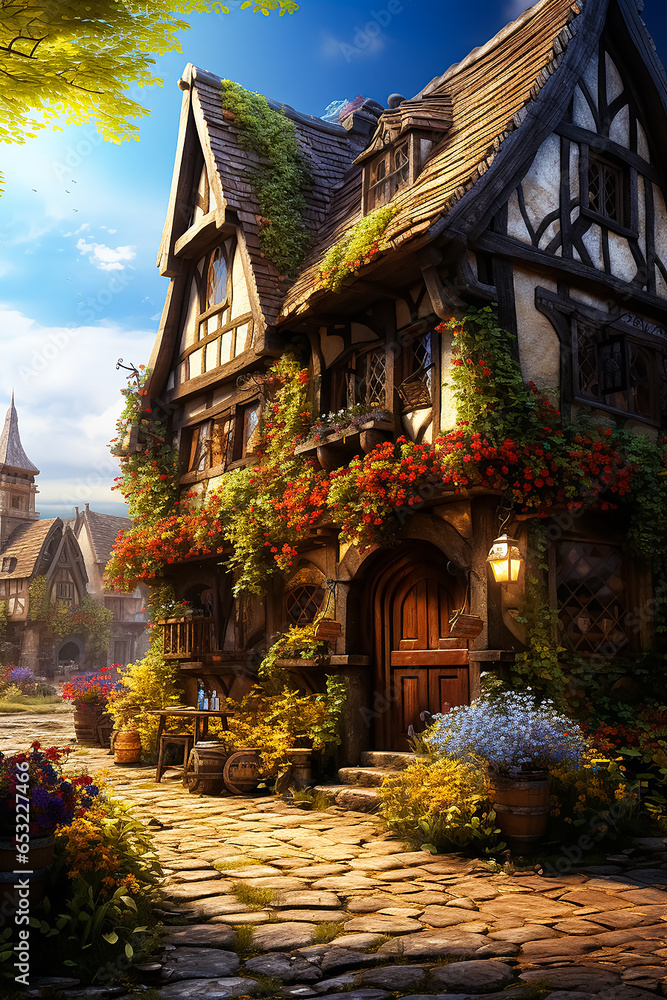 fantasy background, medieval street with wide stone road and stairs, medieval houses on the sides of the street, fantasy style