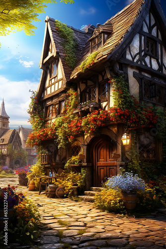 fantasy background, medieval street with wide stone road and stairs, medieval houses on the sides of the street, fantasy style