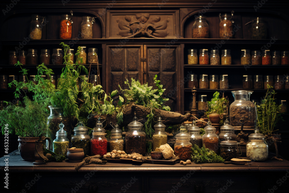 photo of an ancient herbal apothecary with rows of dried herbs, roots, and remedies, showcasing the historical roots of natural medicine