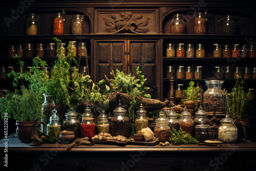 photo of an ancient herbal apothecary with rows of dried herbs, roots, and remedies, showcasing the historical roots of natural medicine © forenna