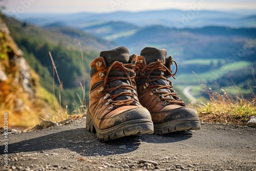 a pair of hiking boots on a mountain path