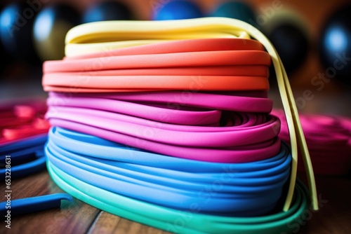 various colorful fitness resistance bands stacked