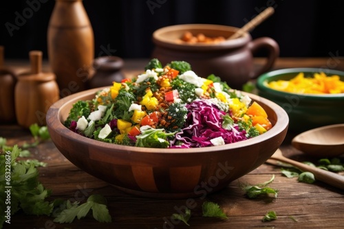 a bowl of colorful, mixed salad on a wooden board