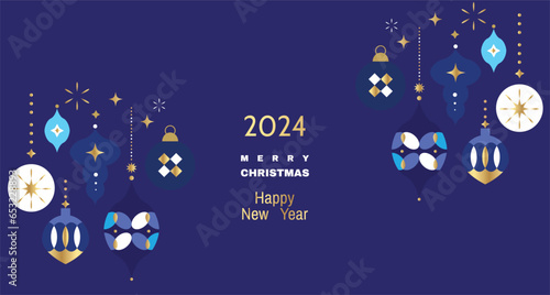 Merry Christmas and Happy New Year 2024  holiday template design banner  poster  card  cover  Gifts  Santa  ball toy  christmas tree  snowflake   Modern Xmas flat cartoon cute vector illustration