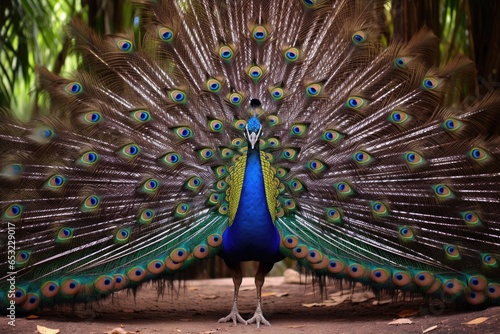 a peacock displaying its plumage in front of drab peacocks