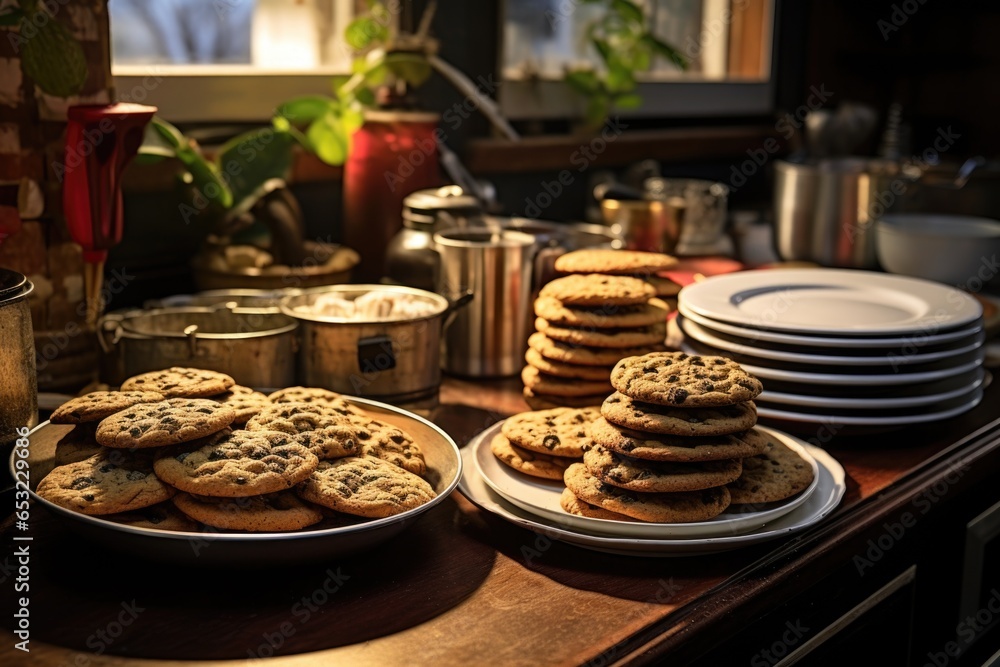 multiple plates of homemade cookies on a kitchen counter