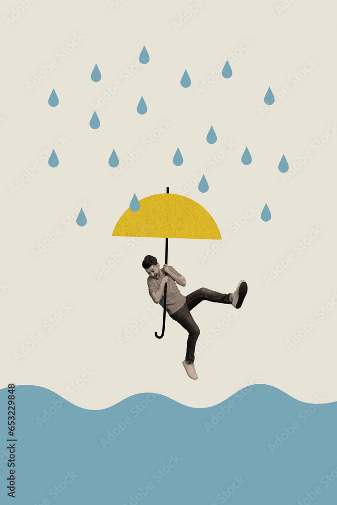 Artwork magazine collage picture of scared guy hanging umbrella afraid falling big paddle isolated beige color background Artwork magazine collage picture of scared guy hanging umbrella afraid falling big paddle isolated beige color background