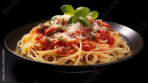 spaghetti bolognese, pasta with tomato sauce, cheese and basil (black backround)
