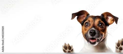 Jack Russell Terrier puppy posing with raised paw isolated on white background to represent motion beauty vet care breed pets and animal life Ample space for advertising