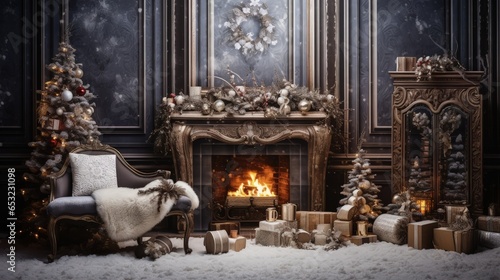 Christmas Interior Postcard Background. Gifts and Decorated by the Fireplace and Xmas Tree in cozy home holiday ambience. Generative AI.