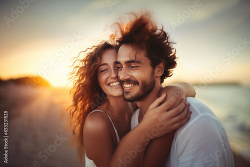Happy young couple hugging and smiling on the beach