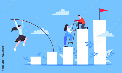 Businesswoman jumps pole vault over graph bars flat style design vector illustration business concept. Business growth and goal achievement concept.